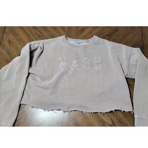 NASH Cropped Sweatshirt Taupe Beige Embroidered Raw Hem Pullover L/XL